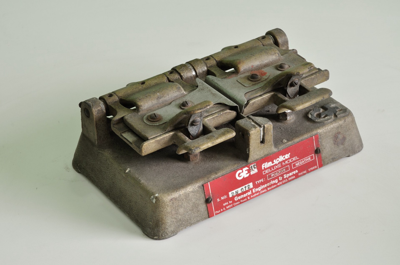 An old 35 mm film splicer, the tool editors used to cut and join film by hand.